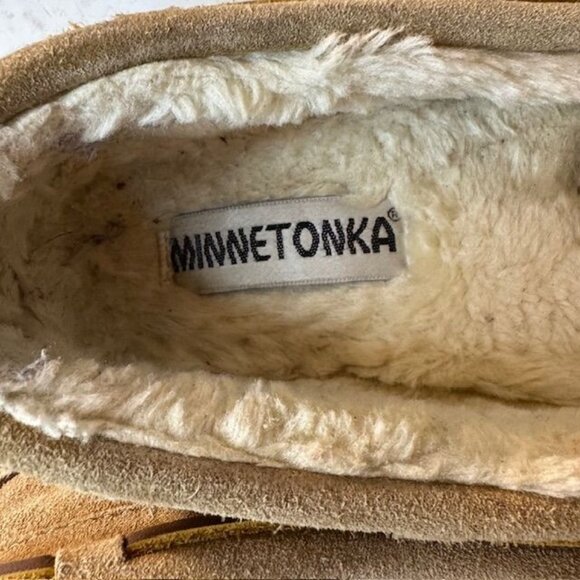 Minnetonka Womens Tan Suede Moccasin Slippers Size 8M With Faux Fur Lining & Rub - Picture 3 of 5